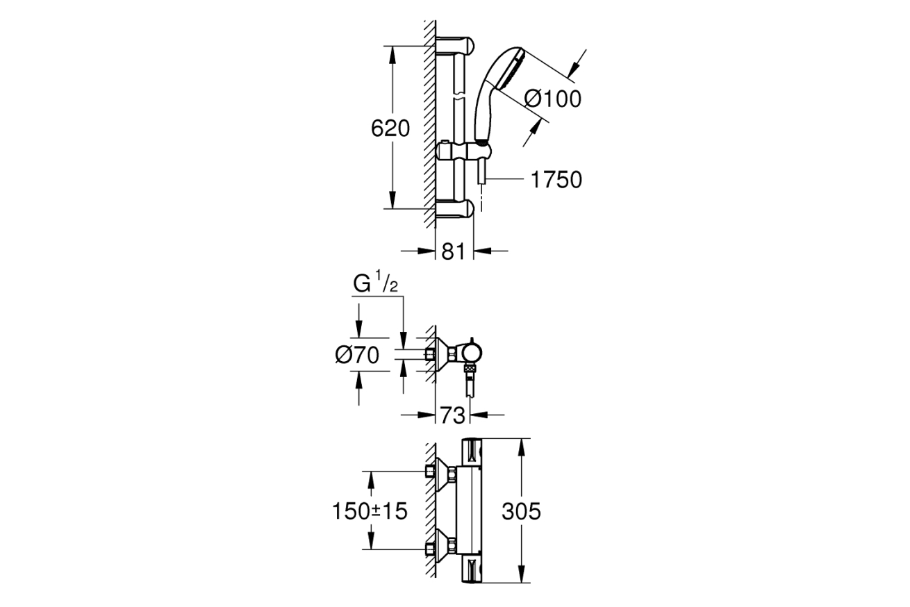 Термостат для душа GROHE Grohtherm 800 с душевым гарнитуром, хром (34565001)