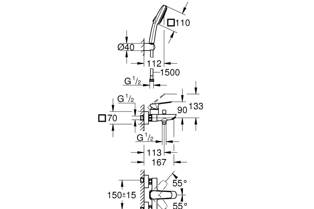 Душевая система GROHE Cubeo со смесителем для ванны, черный матовый (1018142430)