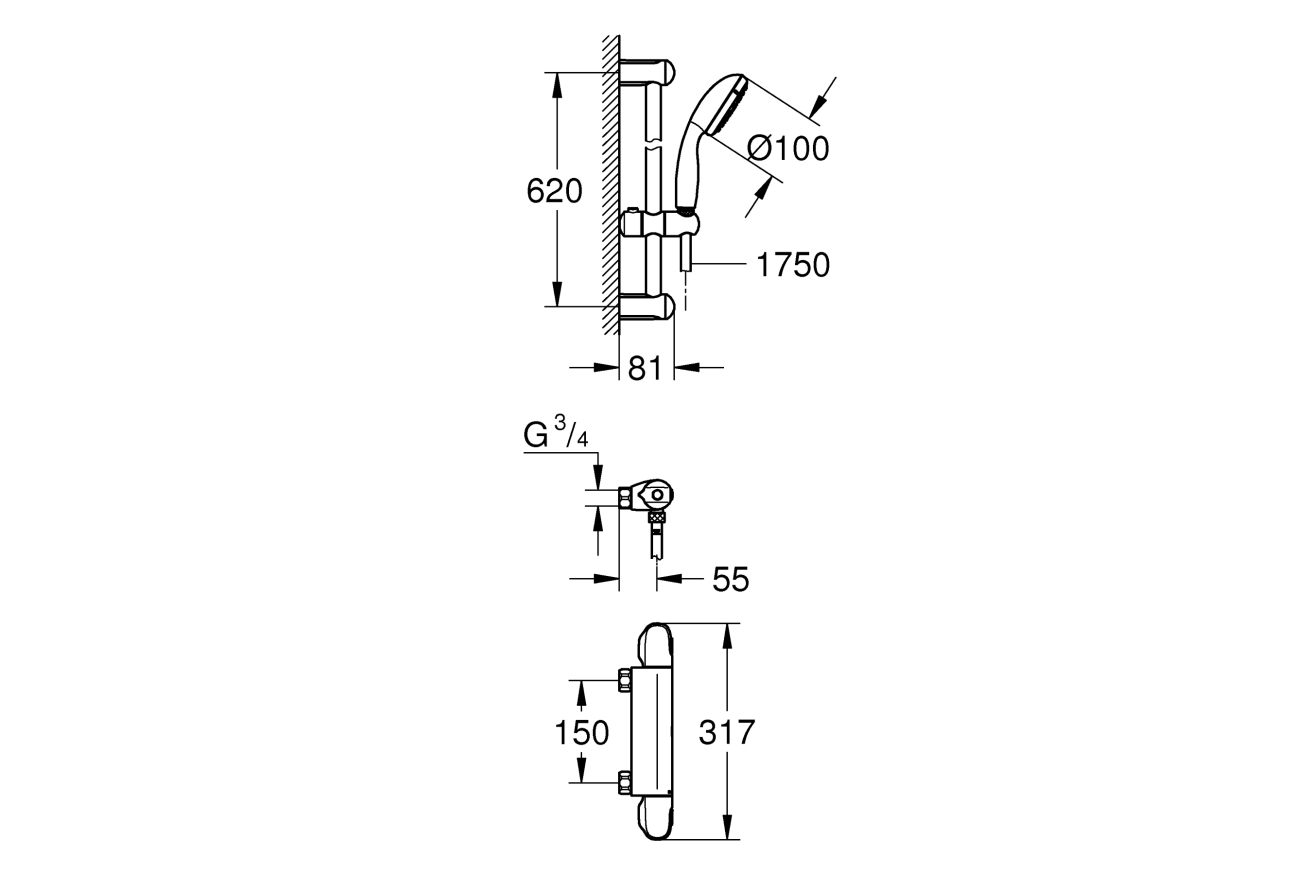 Термостат для душа GROHE Grohtherm 1000 с душевым гарнитуром, хром (34819004)
