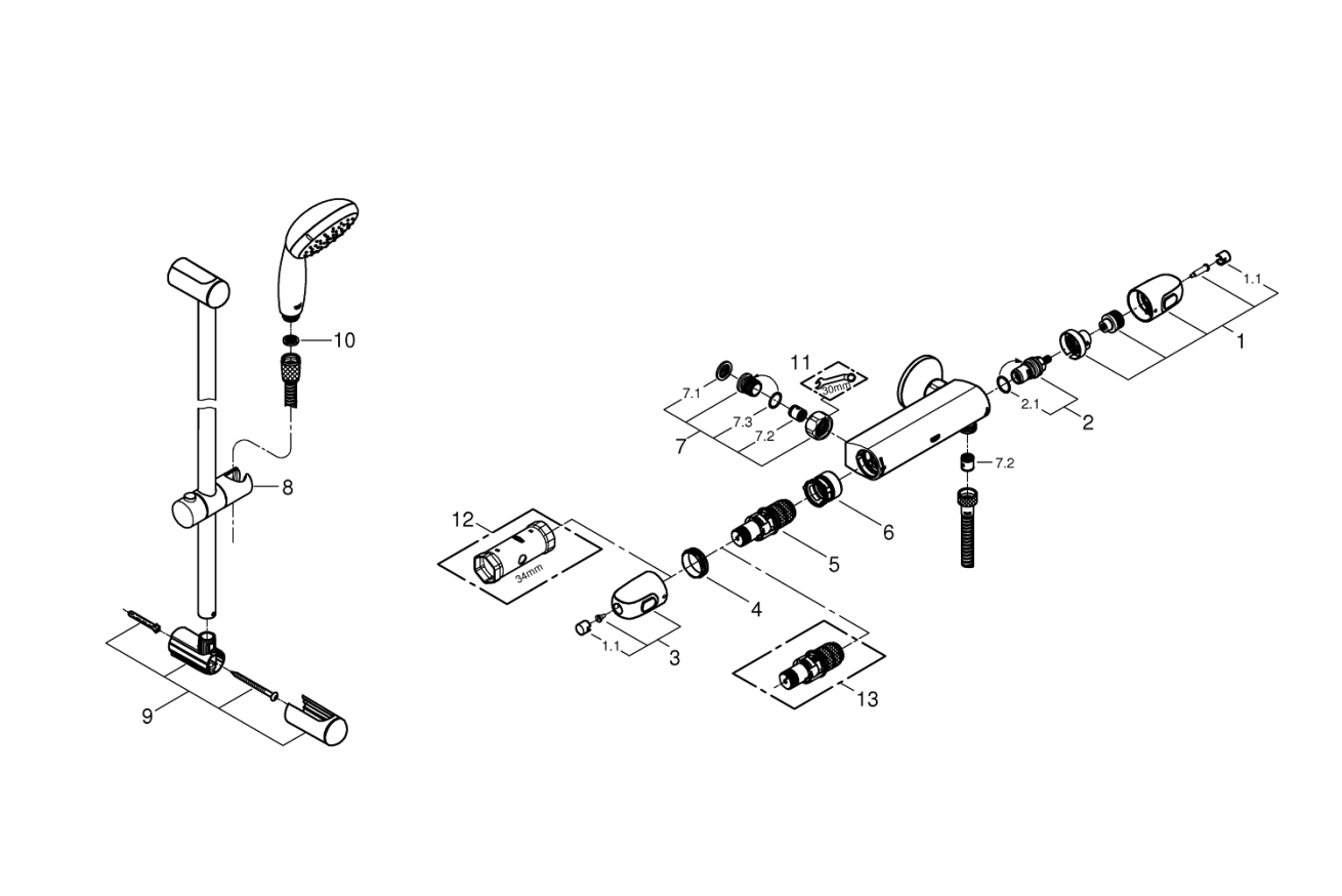 Термостат для душа GROHE Grohtherm 1000 с душевым гарнитуром, хром (34819004)
