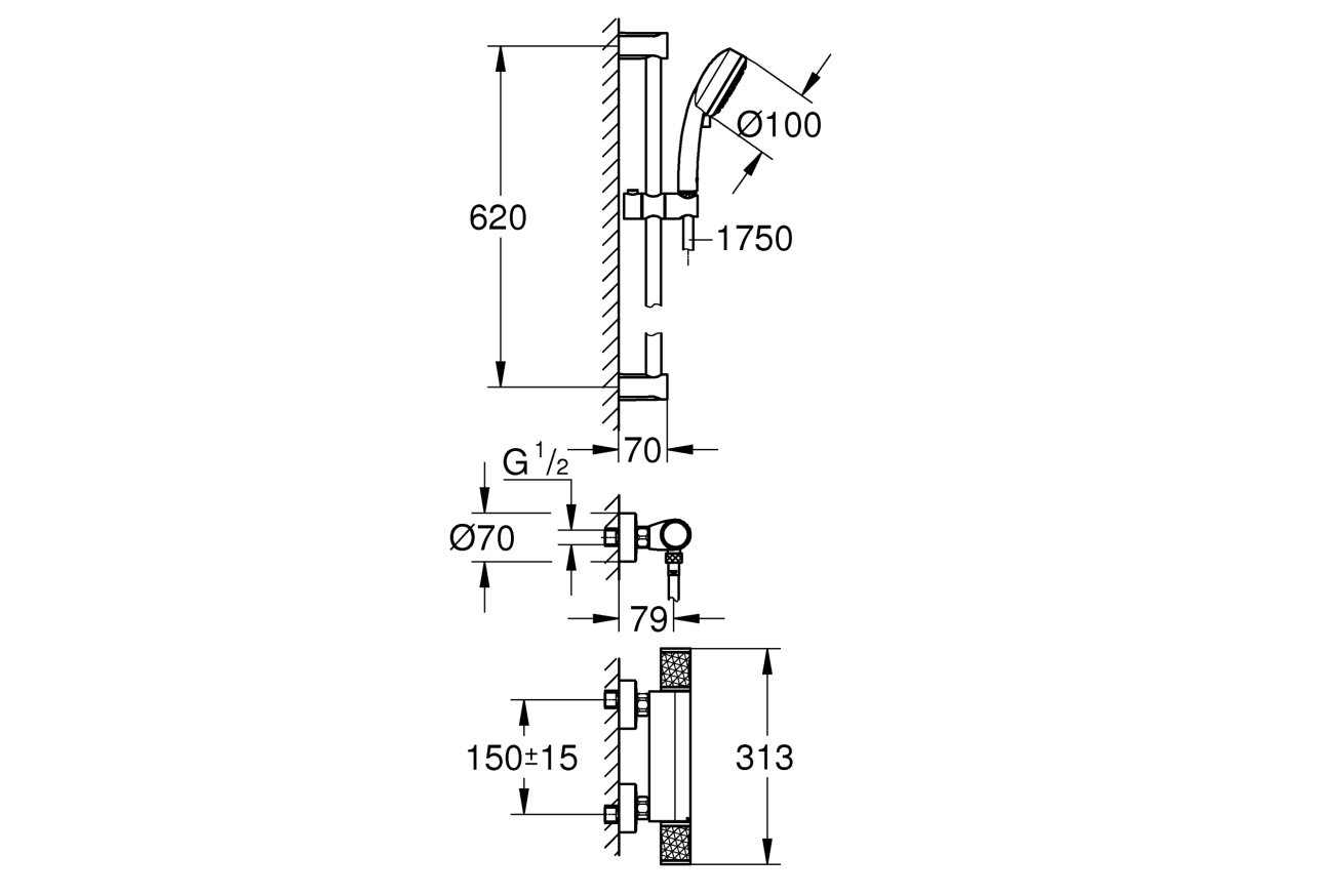 Термостат для душа GROHE Grohtherm 1000 Performance с душевым гарнитуром, хром (34834000)