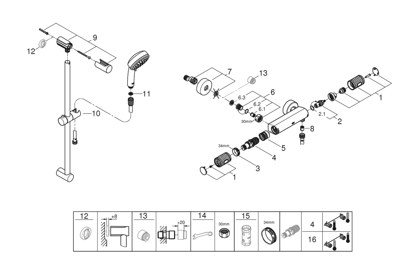 Термостат для душа GROHE Grohtherm 1000 Performance с душевым гарнитуром, хром (34834000)