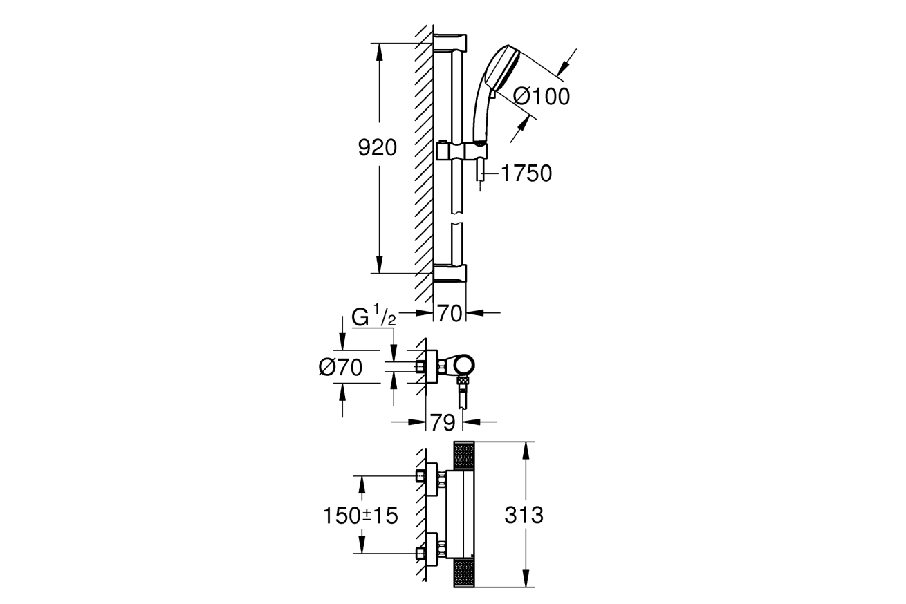 Термостат для душа GROHE Grohtherm 1000 Performance с душевым гарнитуром, хром (34835000)
