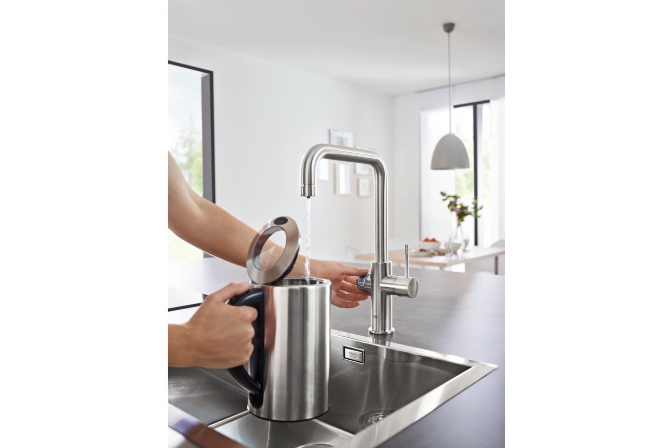 Смеситель для кухни GROHE Blue Home с системой фильтрации, охлаждения и газирования воды, Wi-Fi, суперсталь (31456DC1)