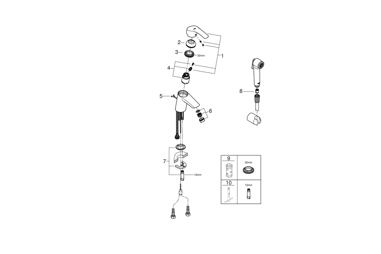Смеситель для раковины GROHE Eurosmart с гигиеническим душем, S-size, хром (23124002)