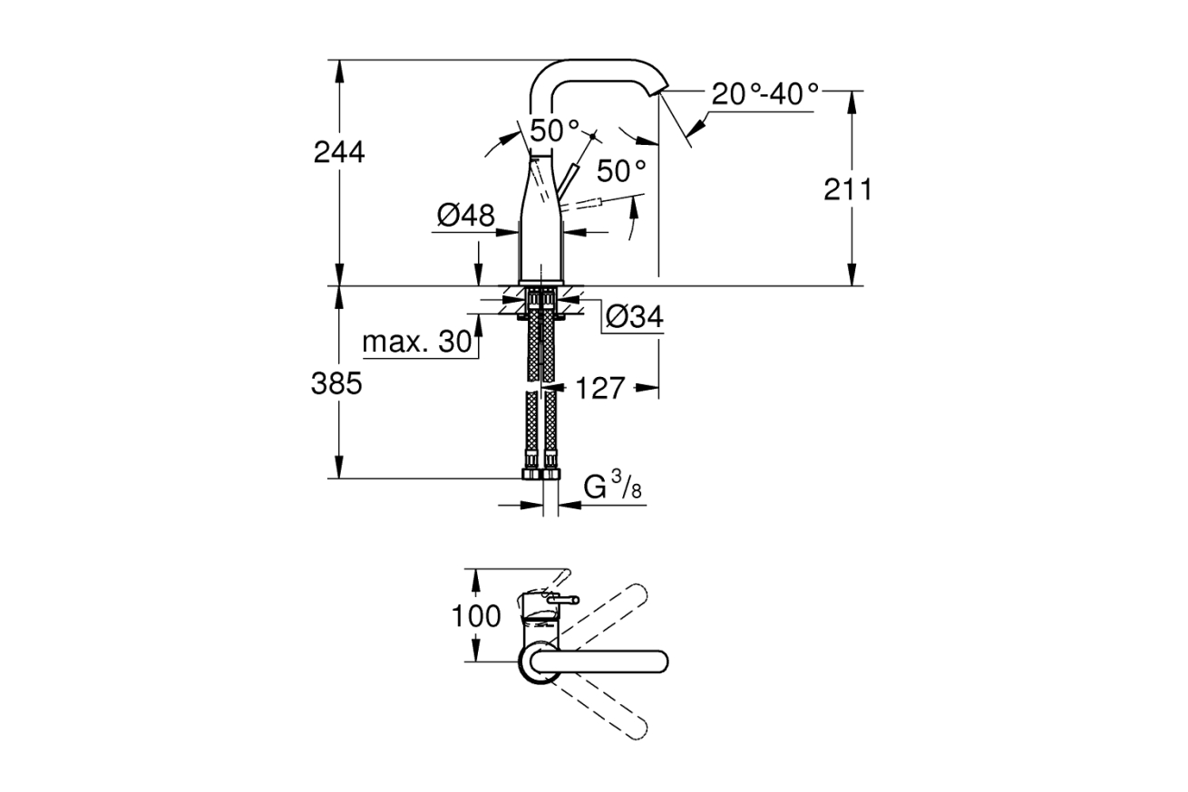Смеситель для раковины GROHE Essence без донного клапана, L-size, фантомный черный (24177KF1)