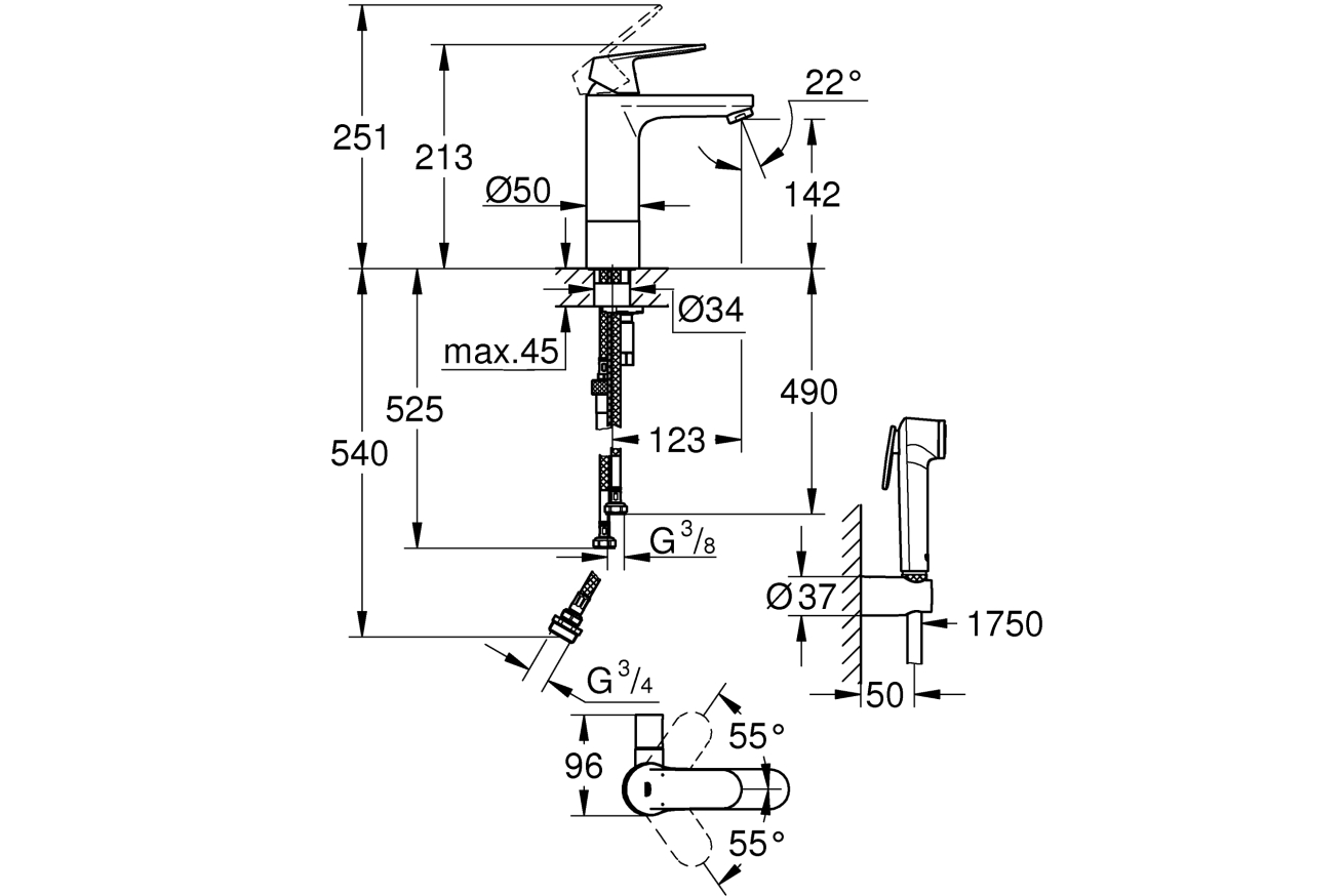 Смеситель для раковины GROHE Eurosmart Cosmopolitan с гигиеническим душем, M-size, хром (24191000)