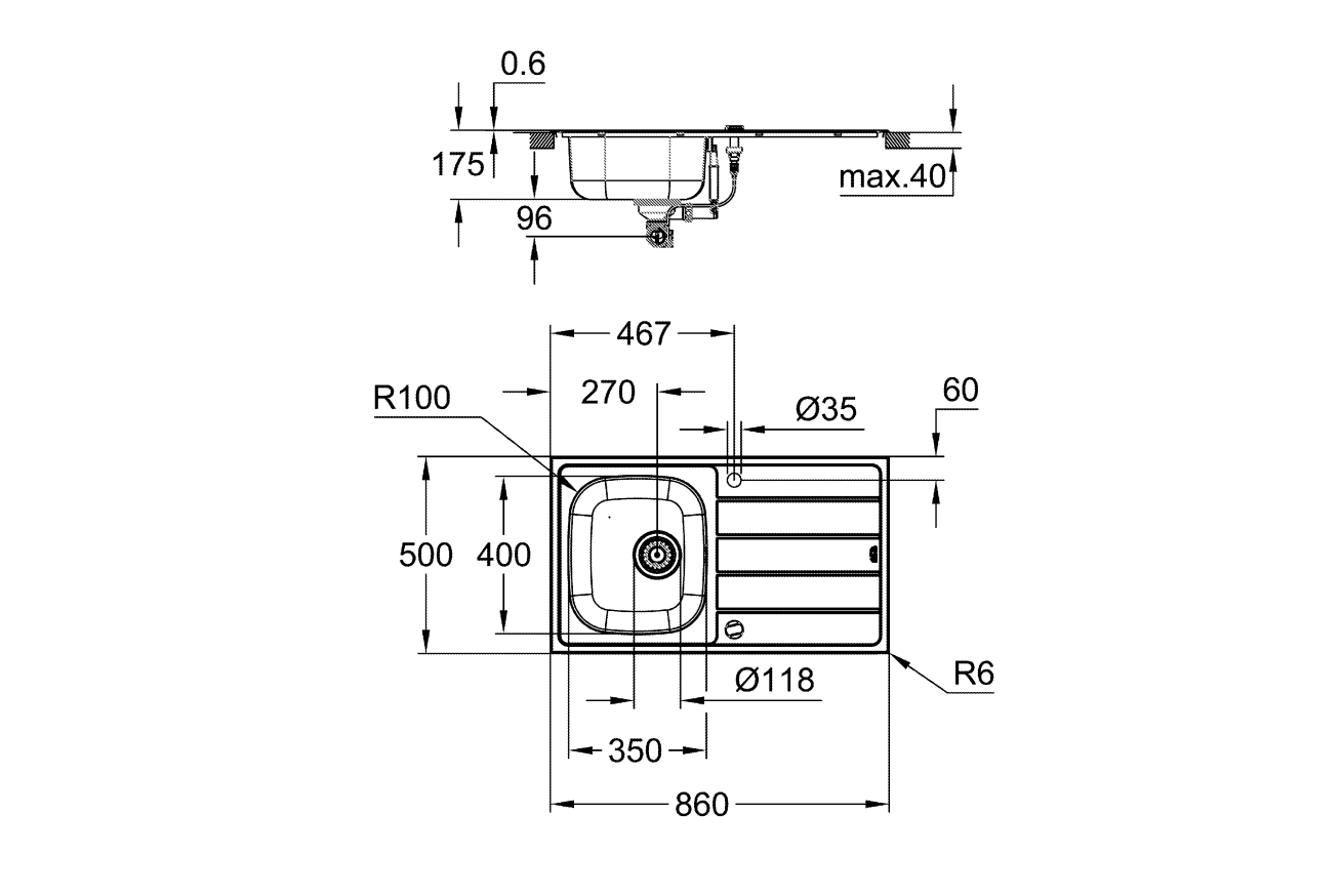 Мойка GROHE K200 45-S 86/50 1.0 с корзинчатым вентилем, нержавеющая сталь (31552SD1)