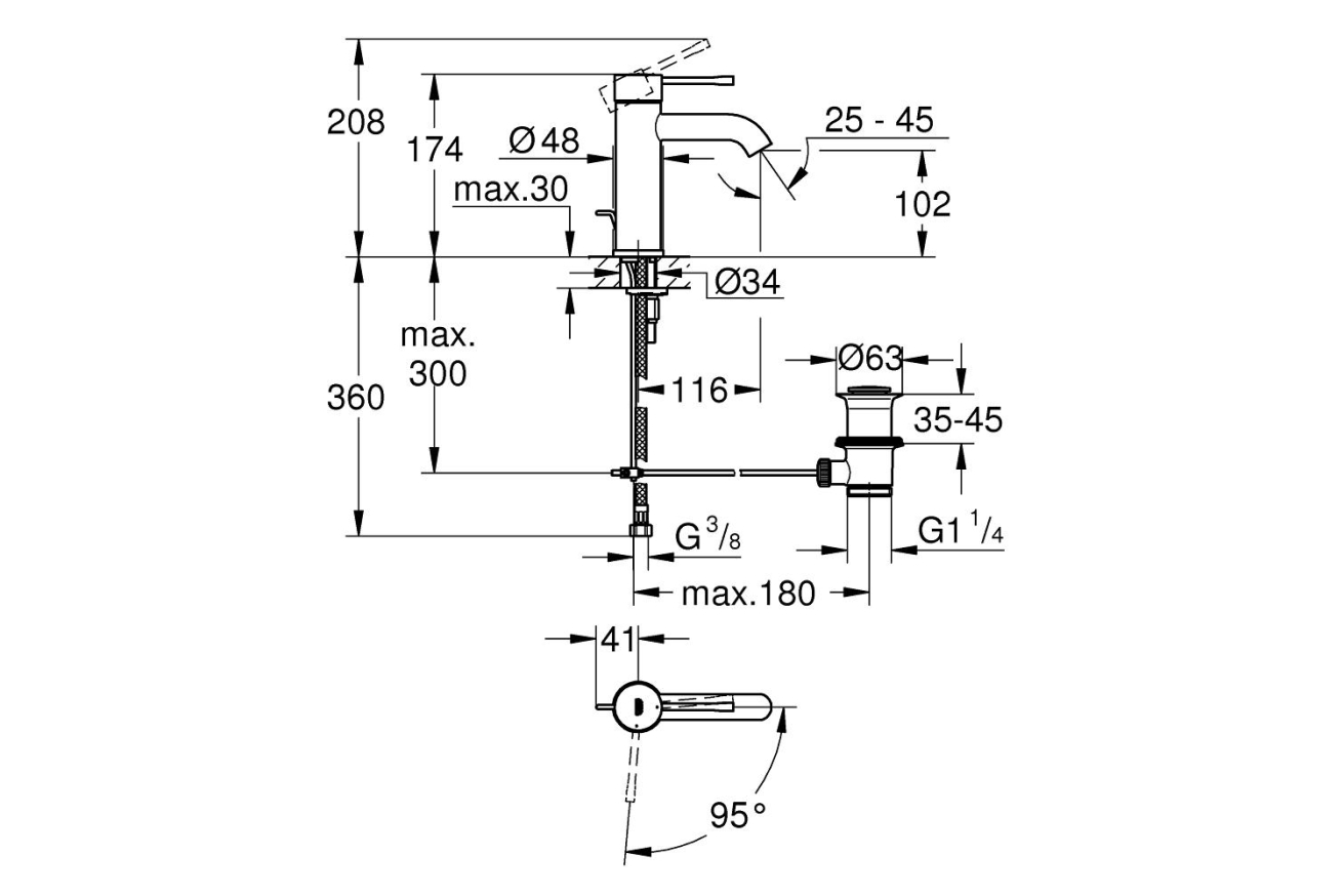 Смеситель для раковины GROHE Essence с донным клапаном, S-size, хром (23591001)