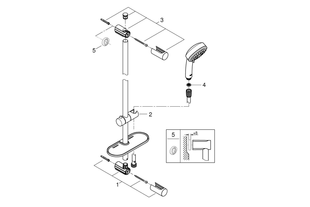 Душевой гарнитур GROHE QuickFix Vitalio Comfort 100 с мыльницей, 2 режима струи, душевая штанга 600 мм, 9,5 л/мин, хром (26398000)