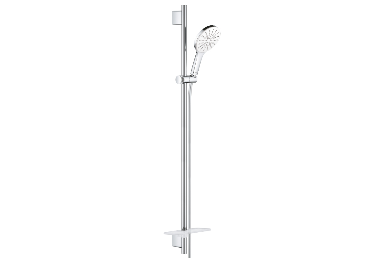 Душевой гарнитур GROHE Rainshower SmartActive 130 с мыльницей, 3 режима струи, душевая штанга 900 мм, 9,5 л/мин, белая луна (26579LS0)