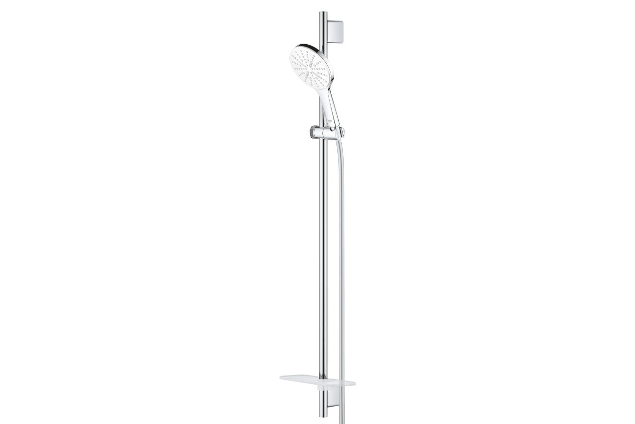 Душевой гарнитур GROHE Rainshower SmartActive 130 с мыльницей, 3 режима струи, душевая штанга 900 мм, 9,5 л/мин, белая луна (26579LS0)