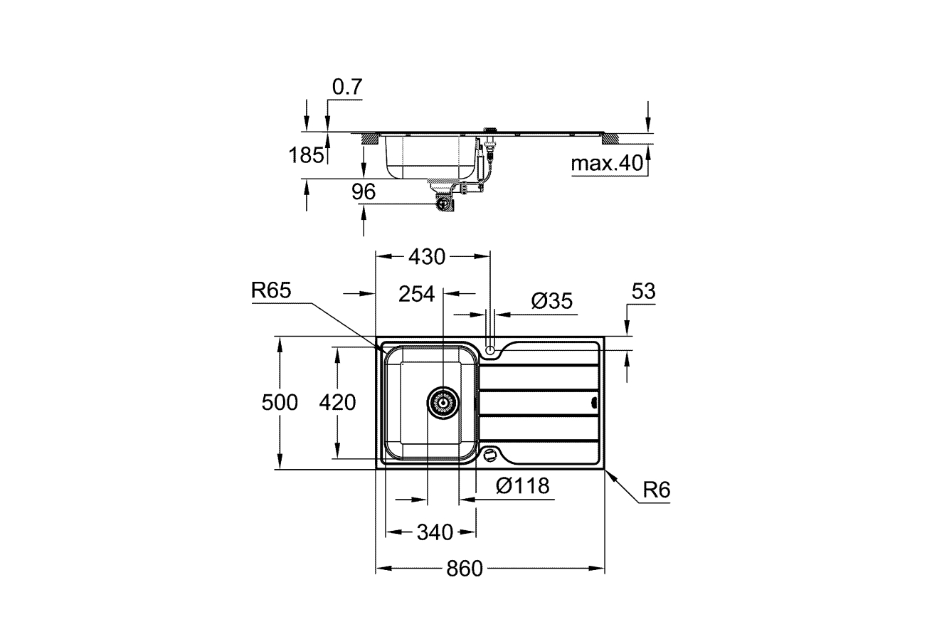 Мойка GROHE K500 45-S 86/50 1.0 оборачиваемая с корзинчатым вентилем, нержавеющая сталь (31571SD1)