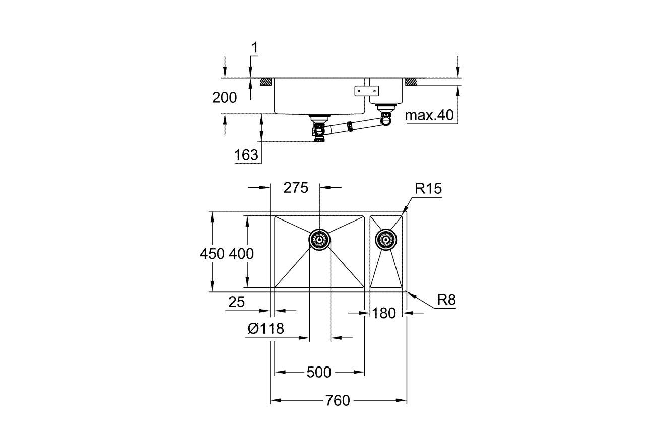 Мойка GROHE K700U 80-S 76/45 с 1.5 чашами, нержавеющая сталь (31575SD1)