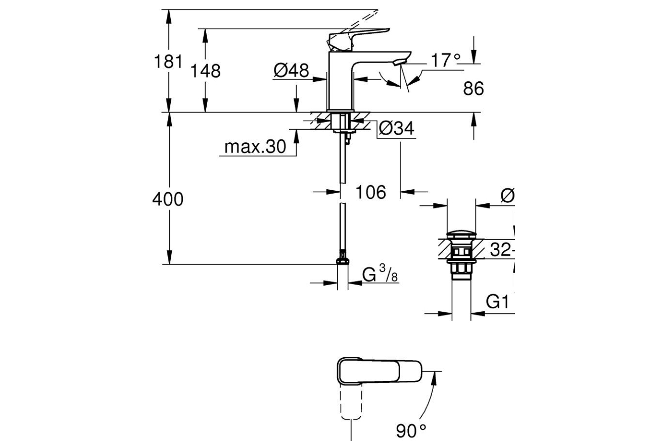 Смеситель для раковины GROHE Cubeo с донным клапаном, S-size, черный матовый (1017322430)