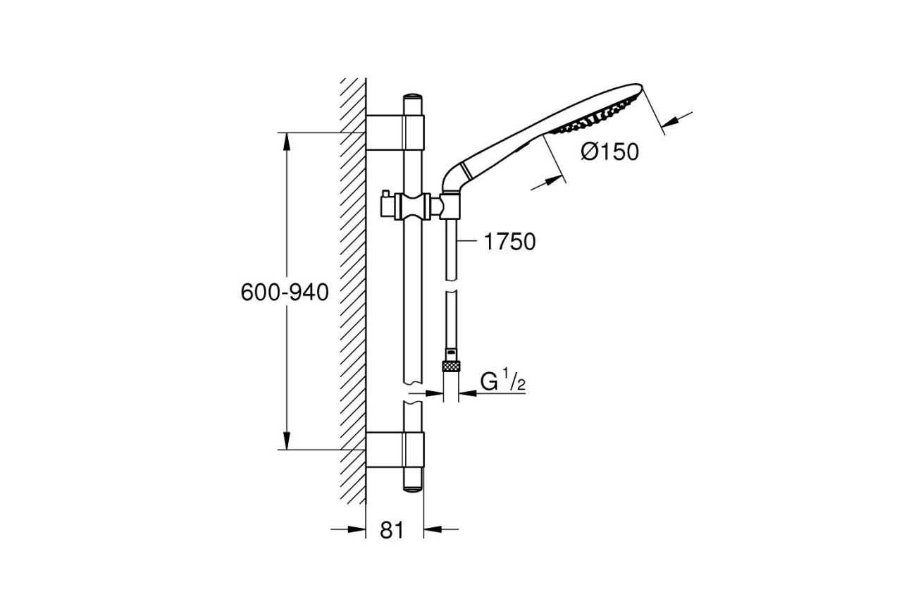 Душевой гарнитур GROHE Rainshower Solo 150, 2 режима струи, душевая штанга 900 мм, хром (27273001)