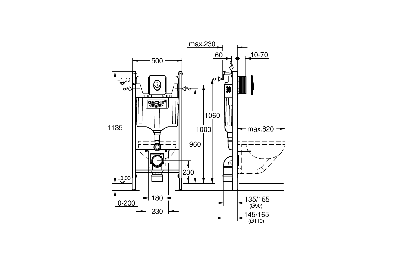 Комплект инсталляции для унитаза GROHE Rapid SL 3 в 1, с панелью смыва Skate Air, хром (38745001)