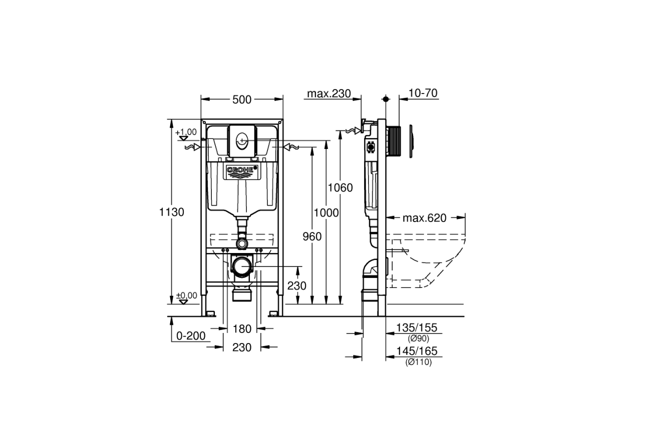 Комплект инсталляции для унитаза, GROHE Rapid SL 4 в 1 с панелью смыва Skate Air, хром (38750001)
