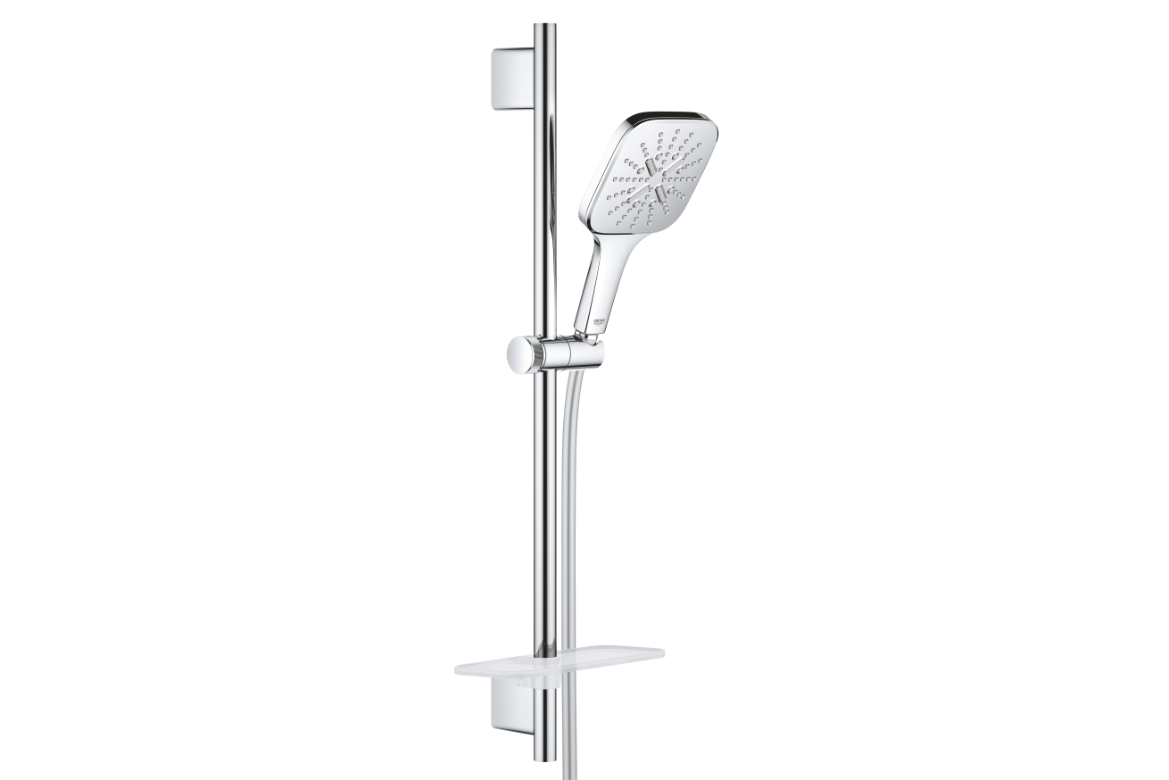 Душевой гарнитур GROHE Rainshower SmartActive 130 Cube с мыльницей, 3 режима струи, душевая штанга 600 мм, 9,5 л/мин, хром (26584000)