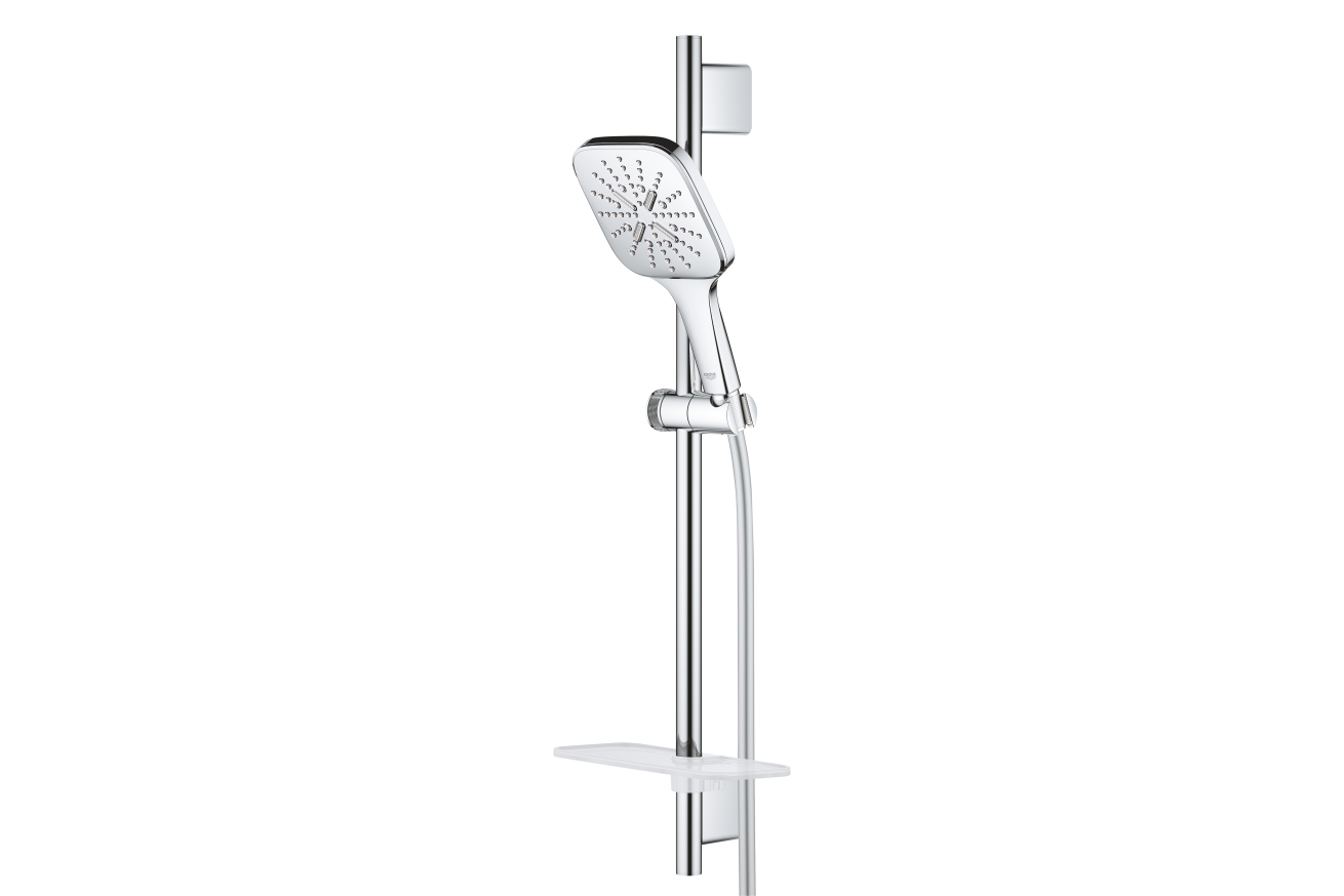 Душевой гарнитур GROHE Rainshower SmartActive 130 Cube с мыльницей, 3 режима струи, душевая штанга 600 мм, 9,5 л/мин, хром (26584000)