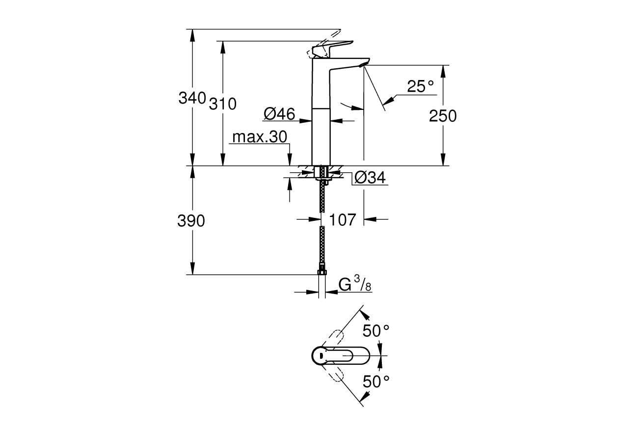 Смеситель для раковины GROHE BauEdge, XL-size, хром (23761000)
