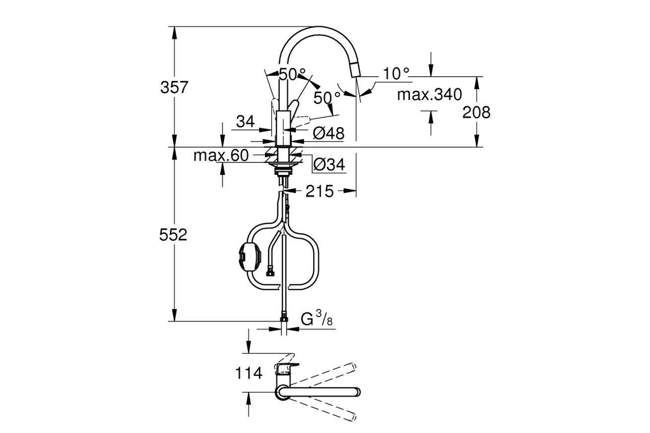 Смеситель для кухни GROHE BauCurve, хром (30547000)