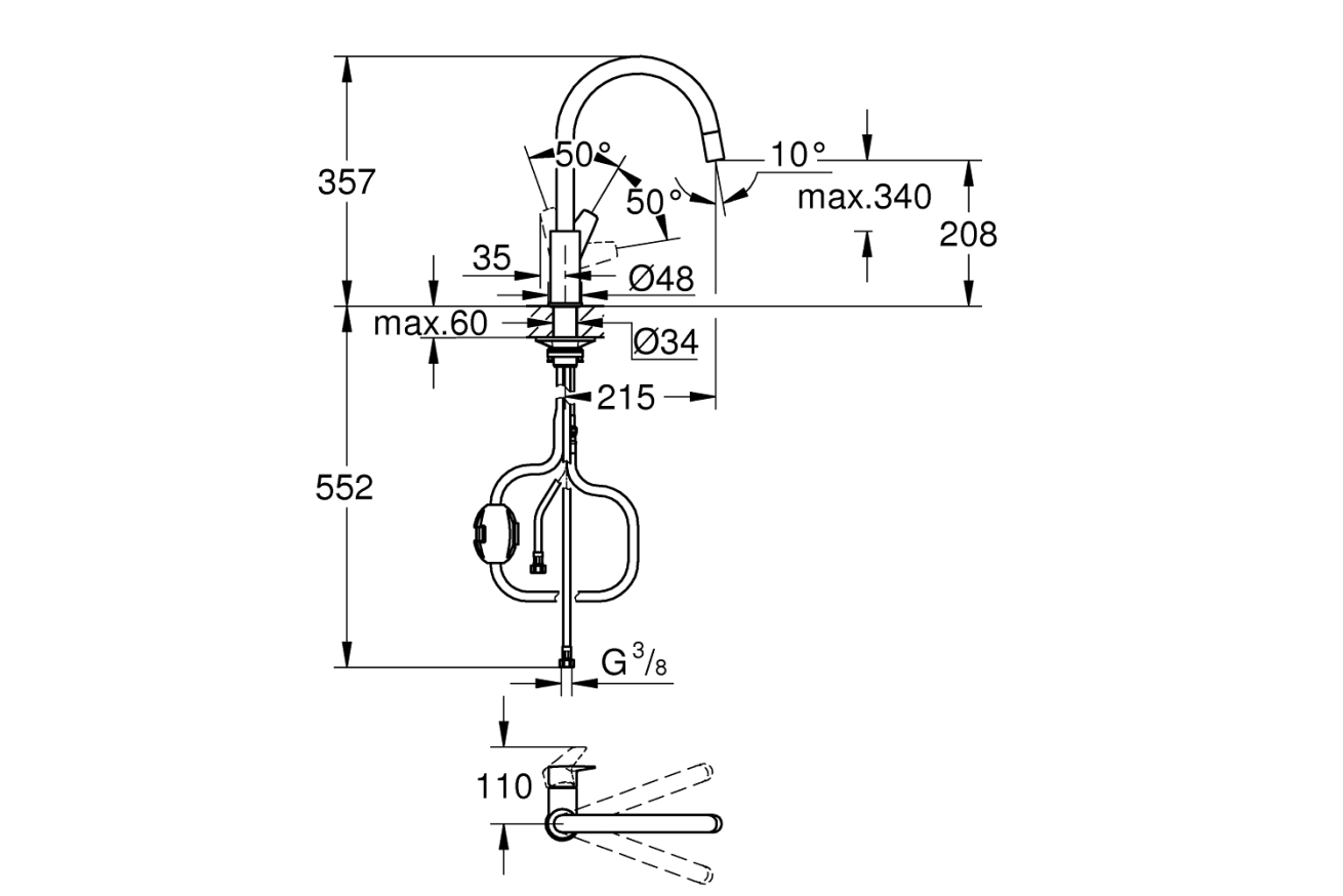 Смеситель для кухни GROHE BauEdge с вытяжным изливом, хром (30536000)