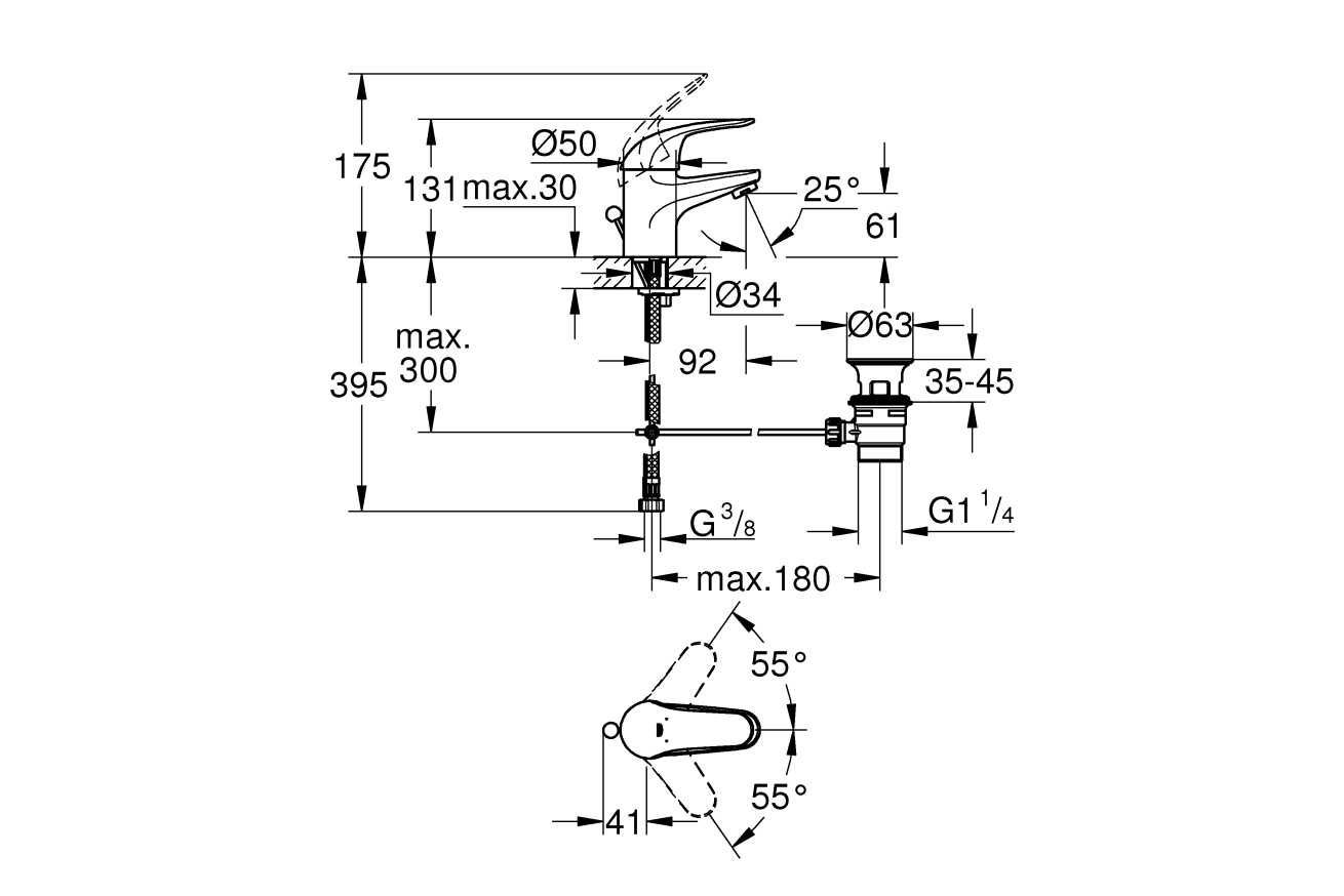 Смеситель для раковины GROHE Euroeco с донным клапаном, S-size, хром (23262000)