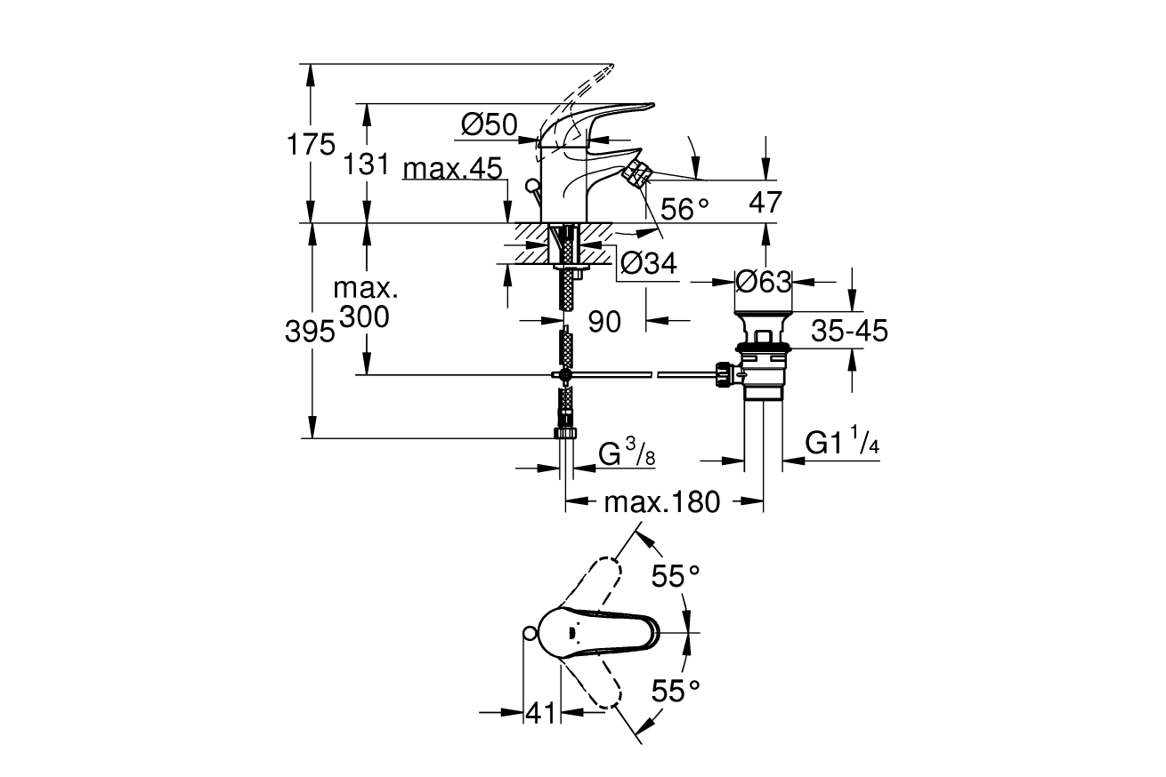 Смеситель для биде GROHE Euroeco с донным клапаном, S-size, хром (23263000)