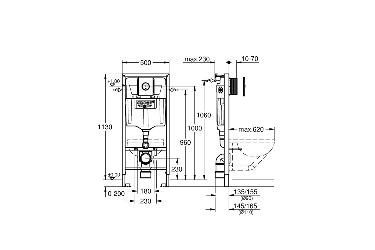 Комплект инсталляции для унитаза GROHE Rapid SL 4 в 1 с панелью смыва Nova Cosmopolitan, хром (38813001)