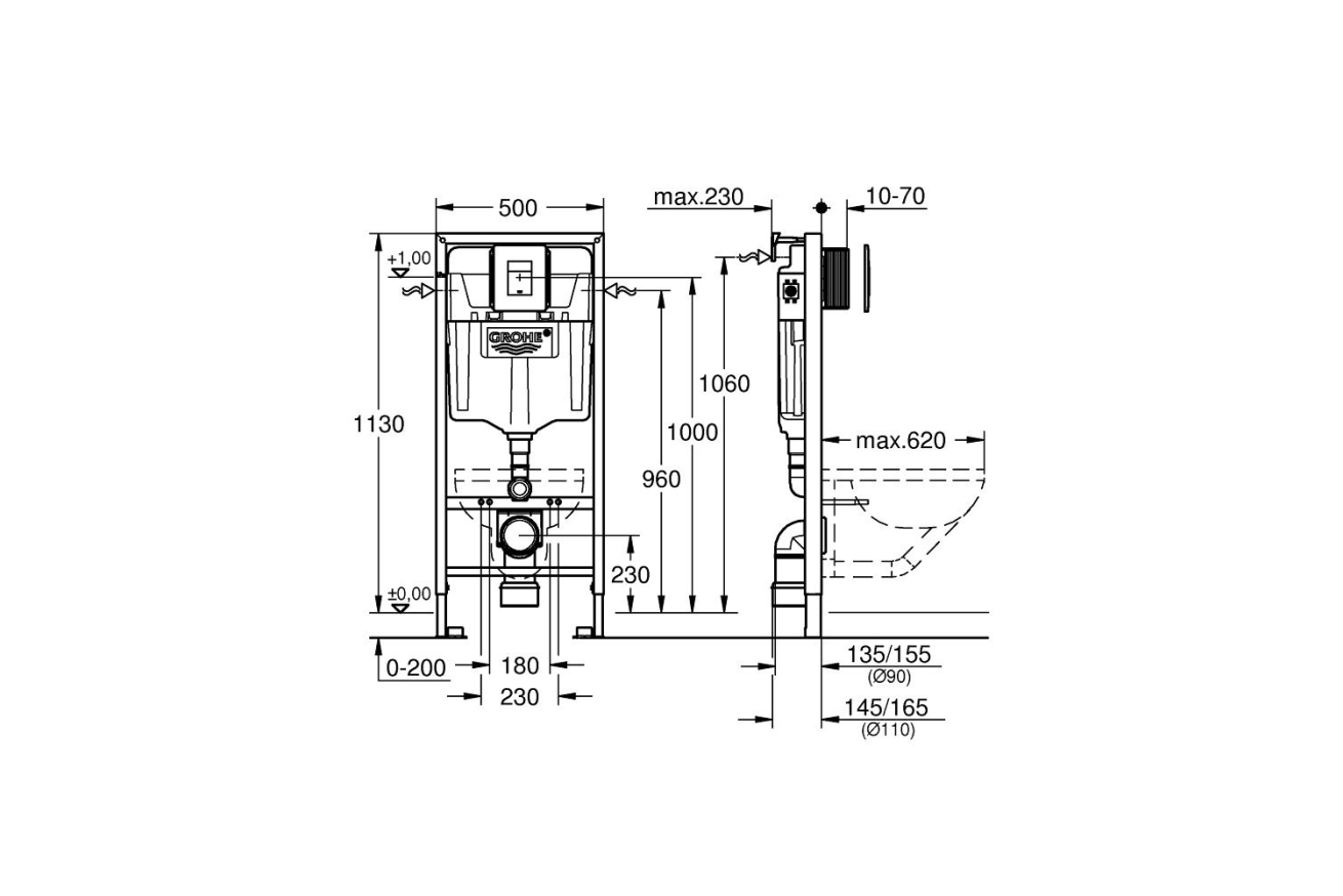 Комплект инсталляции для унитаза, GROHE Rapid SL 5 в 1 с панелью смыва Skate Cosmopolitan, хром (38827000)