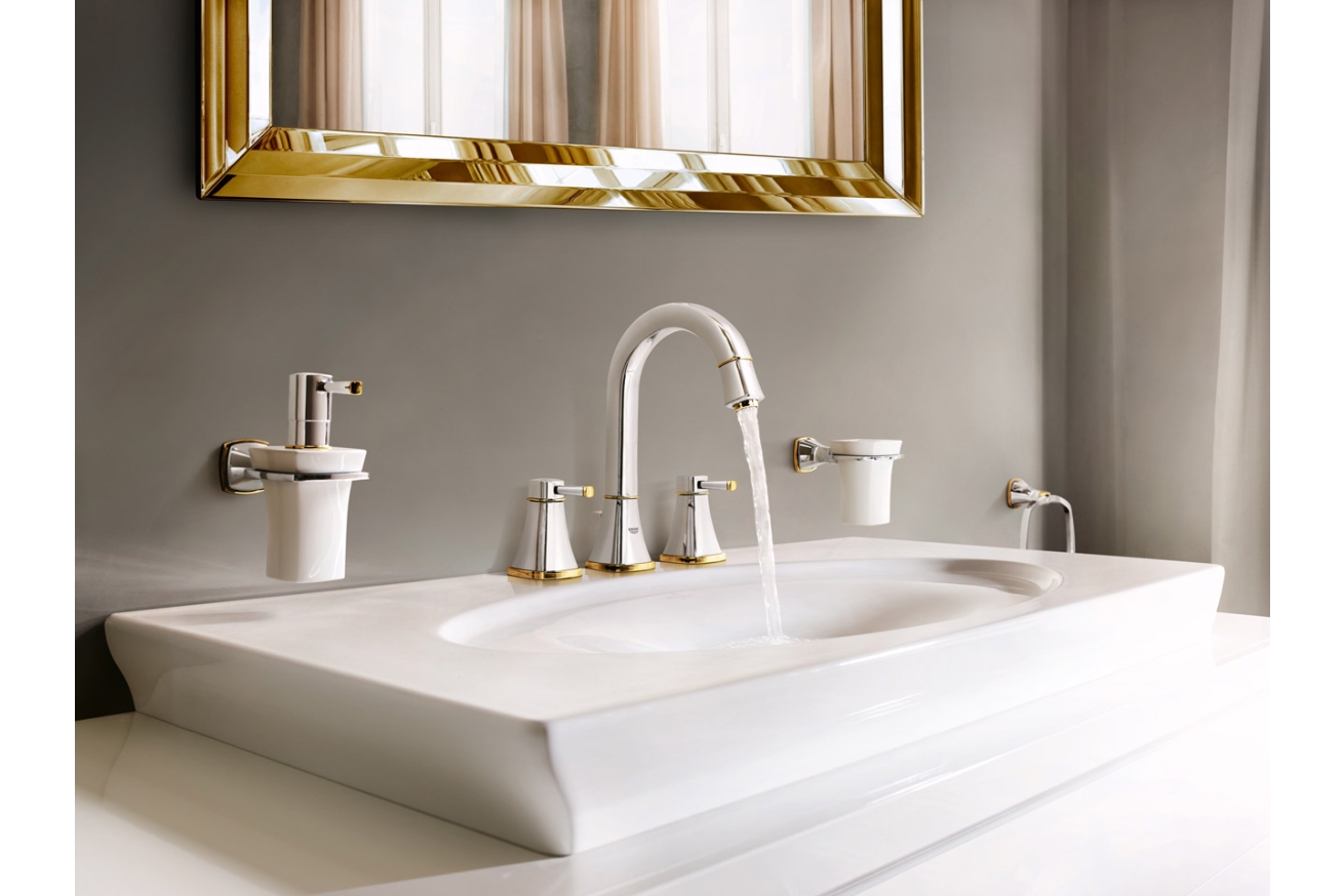 Смеситель для раковины GROHE Grandera на 3 отверстия, с донным клапаном и высоким изливом, хром/золото (20389IG0)