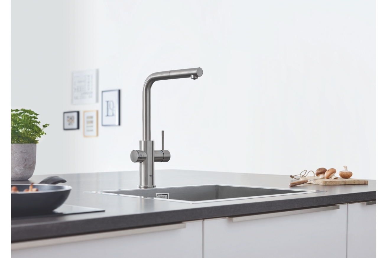 Смеситель для кухни GROHE Blue Home с системой фильтрации, охлаждения и газирования воды, Wi-Fi, суперсталь (31539DC0)