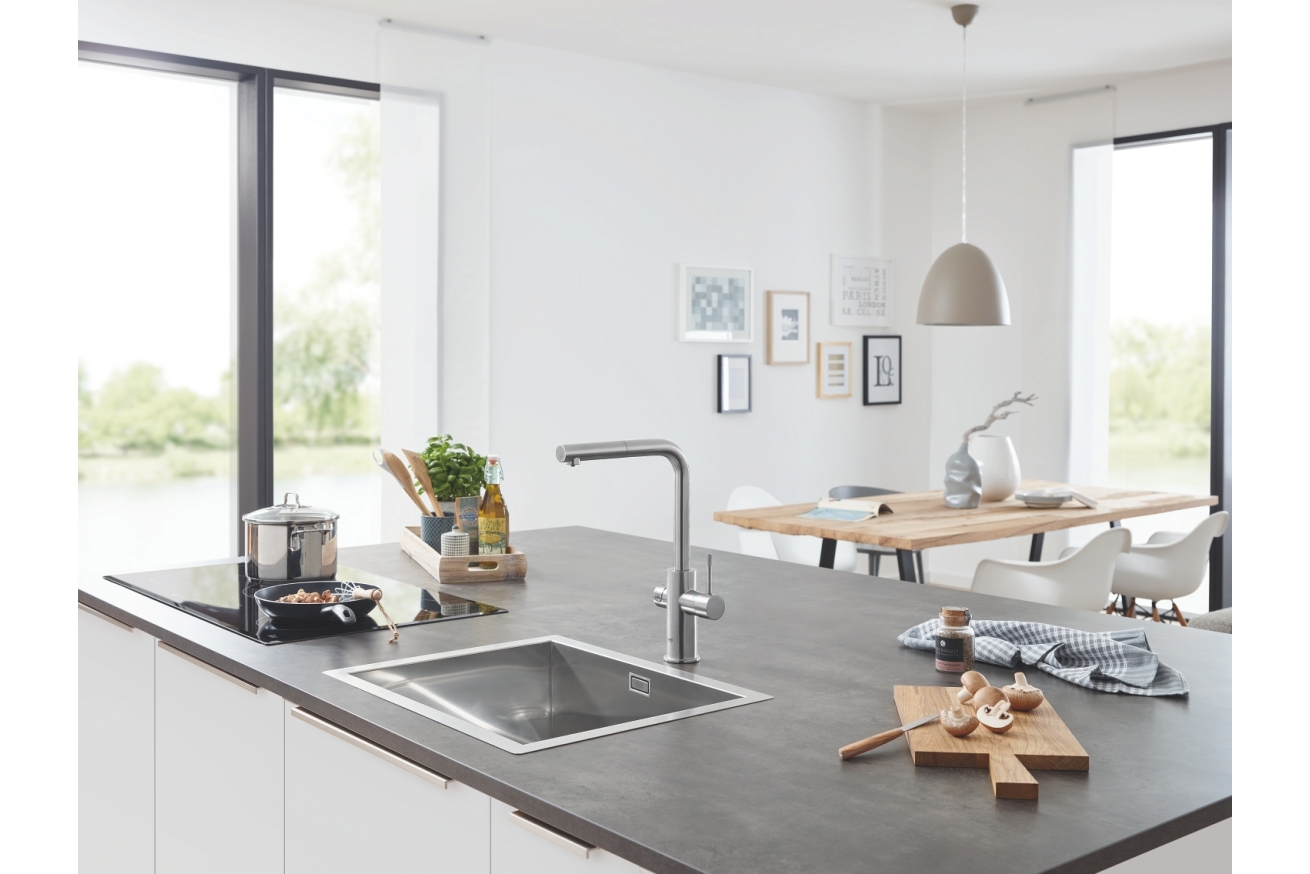 Смеситель для кухни GROHE Blue Home с системой фильтрации, охлаждения и газирования воды, Wi-Fi, суперсталь (31539DC0)