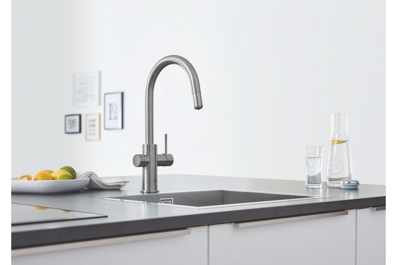 Смеситель для кухни GROHE Blue Home с системой фильтрации, охлаждения и газирования воды, Wi-Fi, суперсталь (31541DC0)