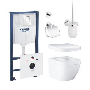 Готовый набор для туалета GROHE Euro Ceramic: унитаз подвесной, инсталляция GROHE Rapid SL с панелью Skate Cosmopolitan S альпин-белый, сиденье и аксессуары (NW0049)