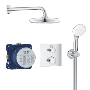 Набор для комплектации душа GROHE Grohtherm: встраиваемый Термостатический смеситель с переключателем верхний-ручной душ, квадратная розетка, верхний душ Tempesta 210 с кронштейном, ручной душ с подключением и шлангом, хром (34729000)