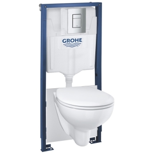 Комплект инсталляции GROHE Solido 4 в 1, с подвесным унитазом Lecico Sydney, сиденьем с крышкой и панелью смыва Skate Air (хром) (39460000)