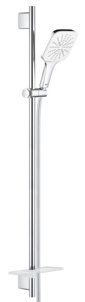 Душевой гарнитур GROHE Rainshower SmartActive 130 Cube с мыльницей, 3 режима струи, душевая штанга 900 мм, 12 л/мин, белая луна (26586LS0)