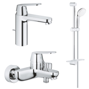 Комплект смесителей GROHE Eurosmart Cosmopolitan для раковины, ванны с душевым гарнитуром и полкой, хром (1000179)