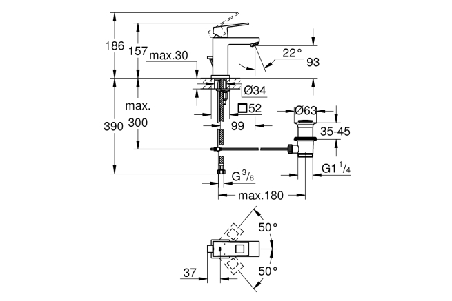 Смеситель для раковины GROHE Eurocube с донным клапаном и ограничением расхода воды, хром (2312700E)