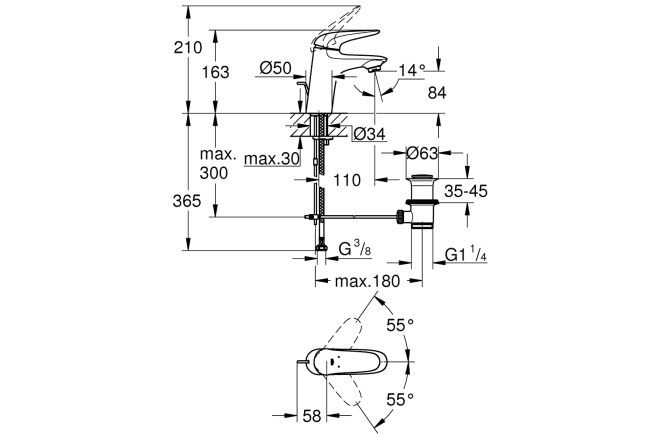 Смеситель для раковины GROHE Wave с донным клапаном, S-Size, хром (32284001)