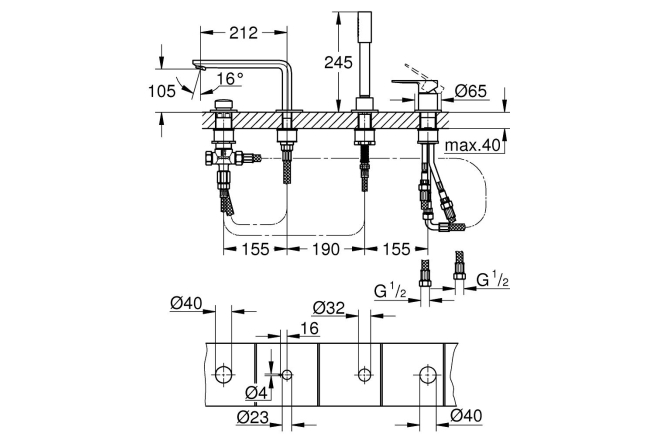 Смеситель для ванны GROHE Lineare на 4 отверстия, на край ванны, суперсталь (19577DC1)