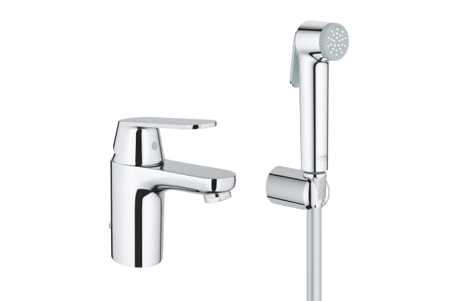 Смеситель для раковины GROHE Eurosmart Cosmopolitan с цепочкой и гигиеническим душем, S-Size, хром (23125000)