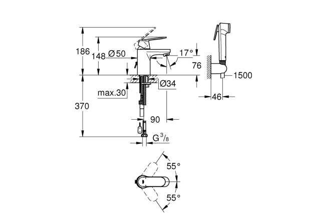 Смеситель для раковины GROHE Eurosmart Cosmopolitan с цепочкой и гигиеническим душем, S-Size, хром (23125000)