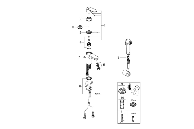 Смеситель для раковины GROHE Eurosmart Cosmopolitan с цепочкой и гигиеническим душем, S-Size, хром (23125000)