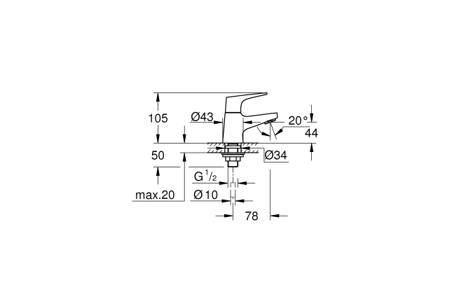 Кран для раковины GROHE BauFlow, без функции смешивания, хром (20575000)