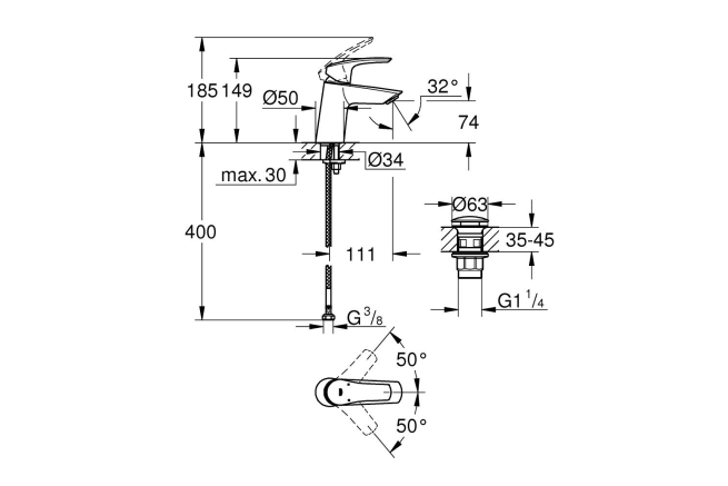 Смеситель для раковины GROHE Eurosmart, S-Size, хром (23968003)