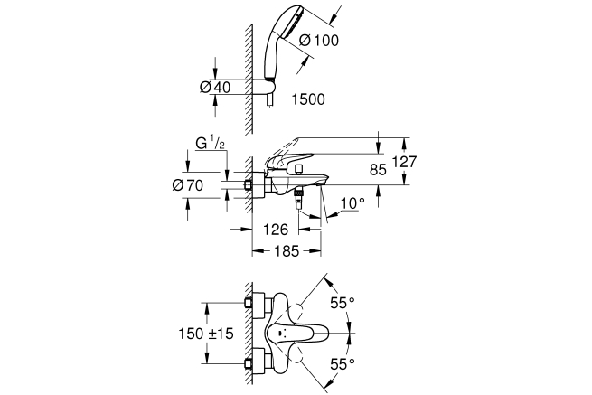 Смеситель для ванны GROHE Eurostyle Solid с душевым гарнитуром, хром (2372930A)