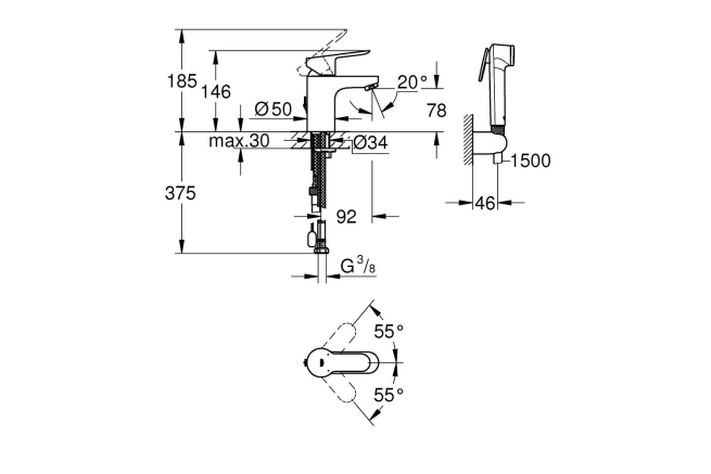 Смеситель для раковины GROHE BauEdge с цепочкой и гигиеническим душем, S-Size, хром (23757000)